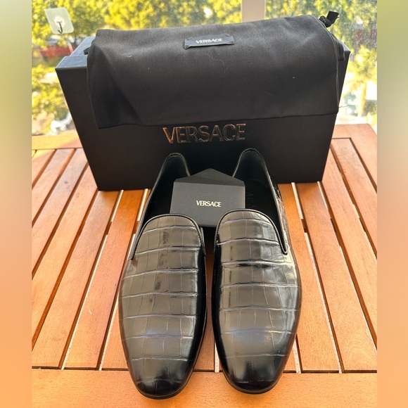 💯 - New Authentic Versace Men Croc Embossed Calfskin Smoking Slipper - Picture 8 of 16